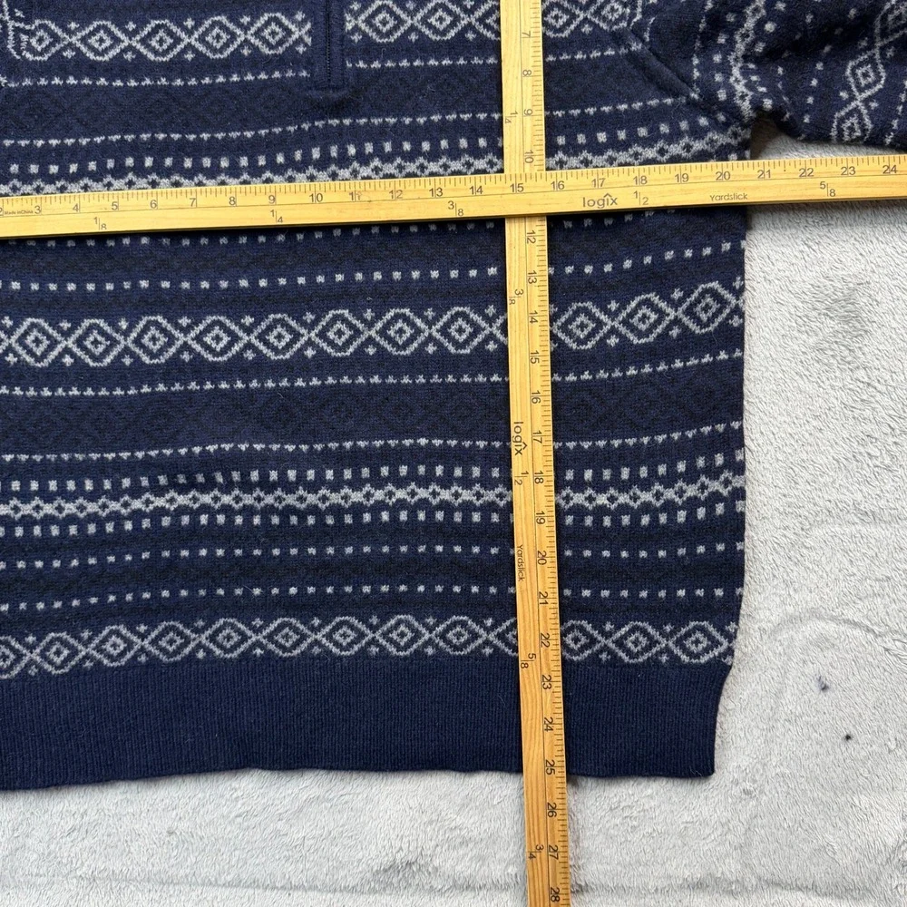 Lincs DC & Co Mens Med. Lambswool Quarter Zip Sweater Navy Blue Fair Isle Knit
